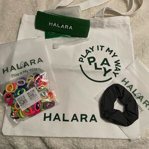 1.- Halara Canvas Tote, Headband, Scrunchie and 100pcs Elastic Mini Hair Ties.